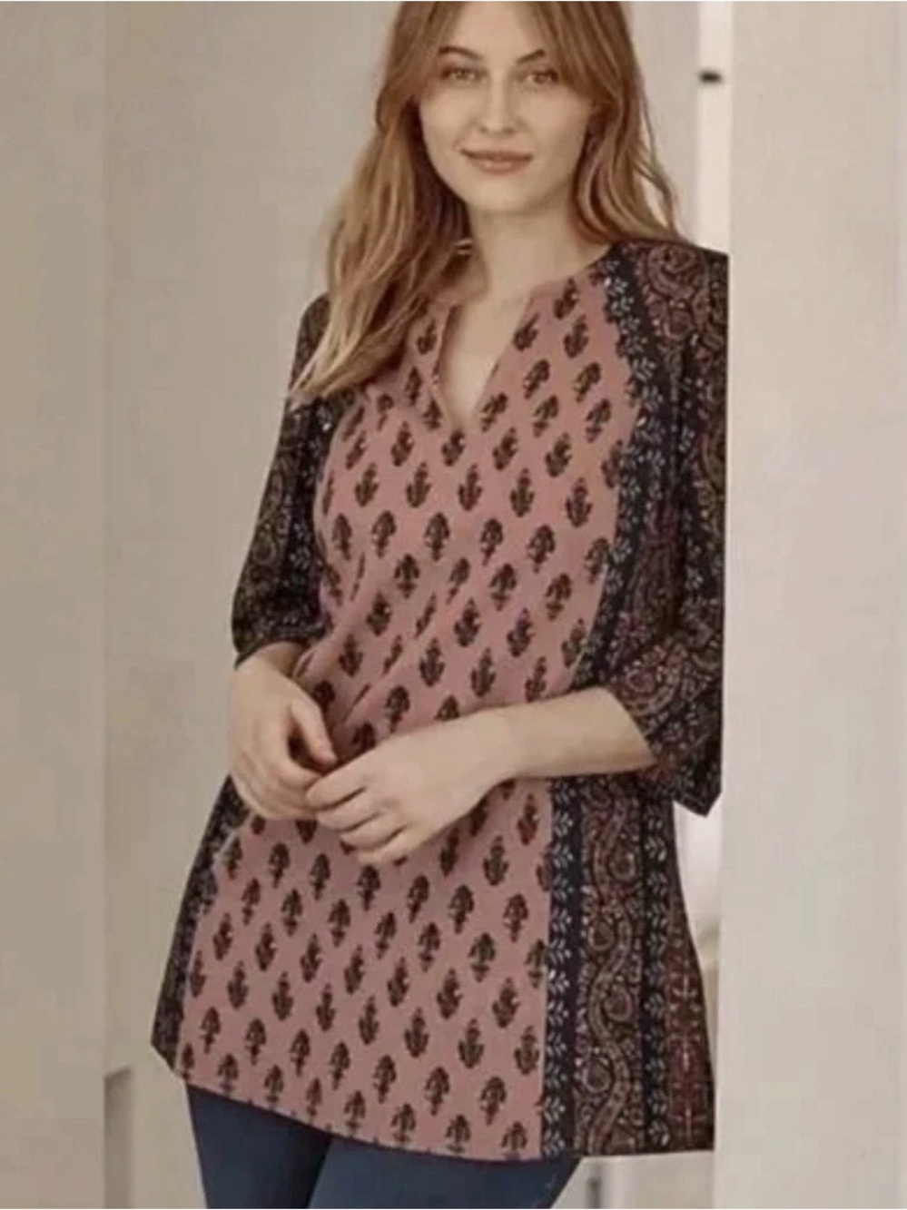 Pure Jill Folkloric Stamped V-Neck Tunic XLP Cotton Linen Blend Boho Pink Brown